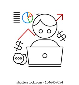 Young man working on his laptop. Outline thin line flat illustration. Isolated on white background. 