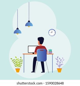 The young man is working on his laptop. Modern office interior with lights, wall clocks and flowers in the background. Vector illustration.