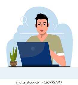 A young man is working on his laptop. Vector illustration.