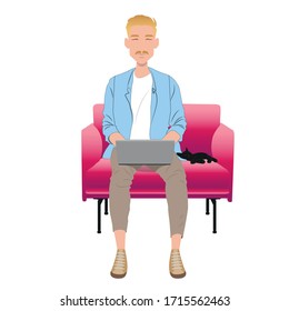 young man working on his laptop from home, illustration concept. Freelancer with computer on his armchair. vector image flat design.