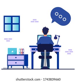 The young man is working on his computer. Modern office interior with work process icons in the background. Vector illustration.