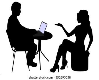 young man working on his laptop in a coffee shop, girl talking with him