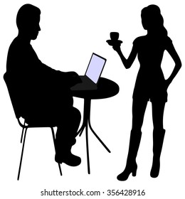 young man working on his laptop while girl bringing coffee 