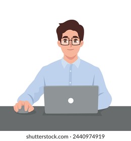 Young man working on internet using laptop. Freelance worker. Flat Vector Illustration Isolated on White Background