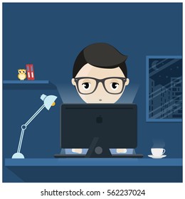 young man working on internet using laptop and drinking coffee.work at home.freelance job vector illustration.