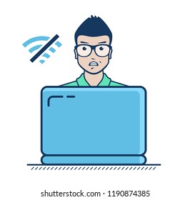 Young man working on laptop. No internet connection. User plan to contact with Internet Service Provider. Vector flat outline icon illustration isolated on white background.