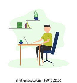 joven trabajando en laptop, mantente en casa