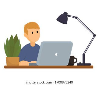 joven trabajando en una laptop en casa, oficina en casa, trabajo en casa, freelance