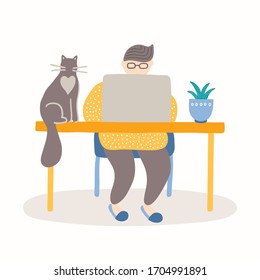 Young man is working on laptop at home, his cat and favourite succulent plant. Freelance, online education or social media concept. Vector illustration isolated on white background