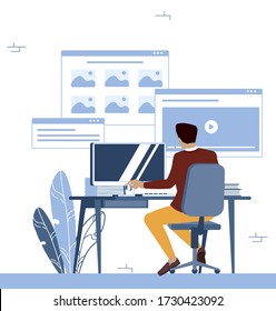 Junger Mann, der am Laptop arbeitet. Professionell am Arbeitsplatz. Öffnen Sie das Fenster der Programme und der Systemmeldung. Vektor-Abbildung