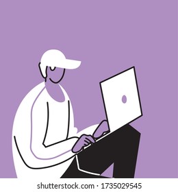 young man working on laptop vector illustration design