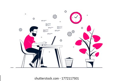 Young man working on laptop at the desk in office. Flat style line art illustration