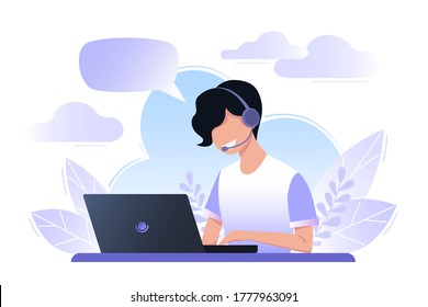 Young man is working on a laptop. Call center. The boy answers the call, support service. Online consultation, online help. Vector flat illustration. Dispatcher