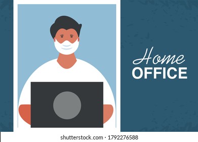 young man working on laptop, home office vector illustration design