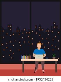 Young man working on laptop in living room at home. freelancer work remotely from home. Vector illustration design.
