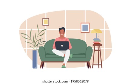 Young man working on laptop computer at home. Online education, distance learning. Freelance, work at home, remote work and home office. Vector illustration in a flat style