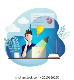Young man is working on a laptop and answers the call, support service, Online consultation, online help, Work from home, Freelance, Stay at home. Flat vector illustration.