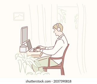 Young man working on laptop at home. Hand drawn style vector design illustrations.