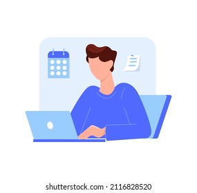 Young man working on a laptop in the office. Education or working concept. Vector illustration in flat style.