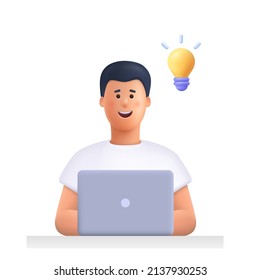 Young man working on the laptop computer and having a idea. Freelance job, creativity innovation and business idea concept. 3d vector people character illustration. Cartoon minimal style.