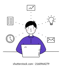 Young man working on a laptop with several tasks. Effective employee or entrepreneur. Multitasking, productivity and time management concept. Vector illustration in doodle style.