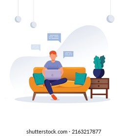 young man working on laptop. work from home concept 