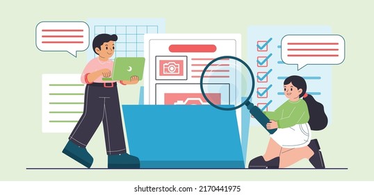 Young man working on laptop computer, and woman use magnifying glass finding picture in folder during working together in cartoon character, vector illustration