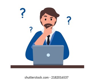 Young man is working on laptop and thinking. Thoughtful businessman. Brainstorm new idea. Vector illustration on white background.