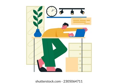 Young man working on laptop in home studio vector illustration