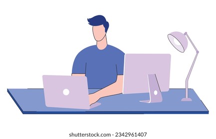 Joven trabajando en laptop Empresarios sentados en oficina. Ilustración vectorial de diseño plano