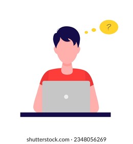 A young man working on a laptop and thinking how to solve a problem. Vector illustration in flat style. Isolated on white background.