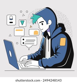 Young man working on laptop. Hacker. Various data uploaded and searches.