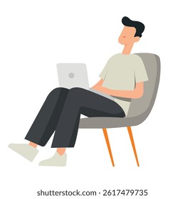 Young man working on laptop while relaxing in modern chair