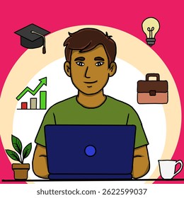 Jovem trabalhando em um laptop cercado por ícones de crescimento, educação, ideias e carreira. Perfeito para ilustrar os temas de produtividade, e-learning ou trabalho remoto em um estilo moderno e colorido.