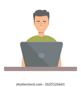 Young man working on laptop, sitting at desk, smiling and looking at screen