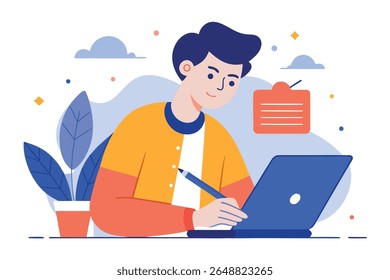 Young man working on laptop, taking notes, modern flat design, cheerful mood, productivity concept.