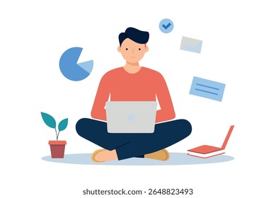 Young man working on laptop, modern flat style illustration, productive remote work, positive mood.