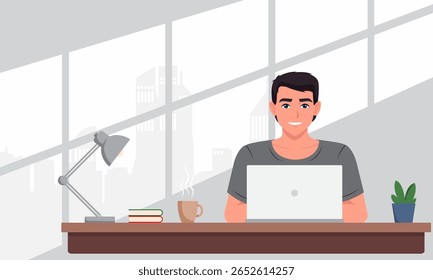 Young man working on laptop in office. Vector illustration in flat style
