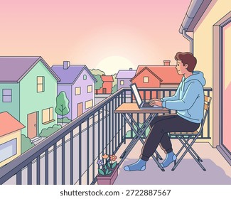 Hombre joven que trabaja en el ordenador portátil en la mesa del balcón, disfrutando de la vista de la puesta del sol sobre las casas suburbanas coloridas, oficina casera al aire libre pacífica, Ilustración vectorial plana del trabajo remoto y del estilo de vida freelance.