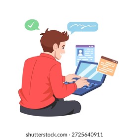 Jovem Trabalhando em Ilustração de Laptop, Trabalho Remoto, Trabalho Online, Conceito Freelancer. Personagens de desenho animado de negócios.