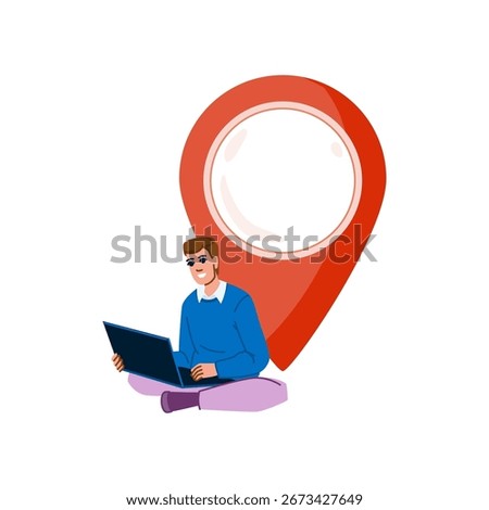 Young man working on laptop with giant location pin, representing remote work and digital nomad lifestyle, combining travel and freelance career