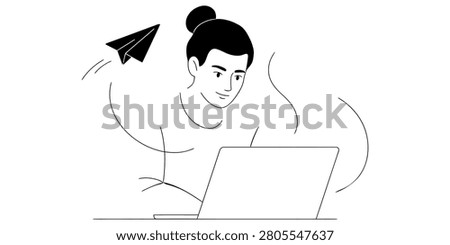 Young man working on laptop computer with a paper airplane flying by Vector, illustration