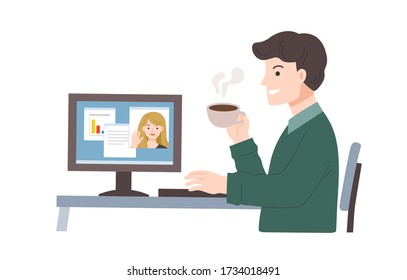 Young man working on laptops and computers at home. Working online, Work from Home during Coronavirus COVID-19 pandemic outbreak. Social Distancing Concept.