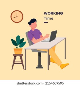 Young man working on the table at 8 am. Activity time  vector illustration.