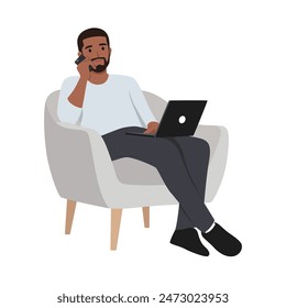 Young man working online from home, sitting in comfy armchair. Flat vector illustration isolated on white background