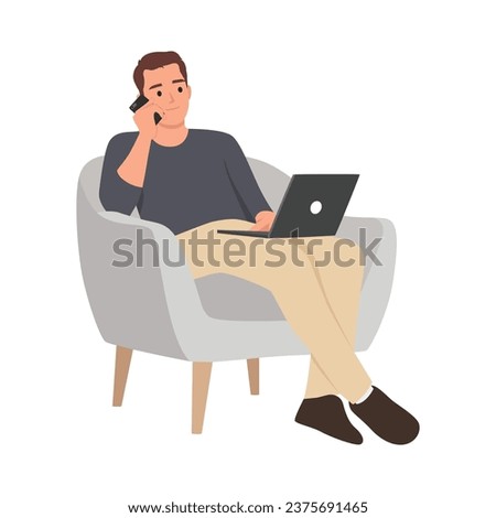 Young man working online from home, sitting in comfy armchair, using laptop and having phone conversation with business partner, copy space. Flat vector illustration isolated on white background