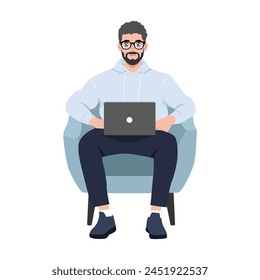 Hombre joven que trabaja en línea, sentado en el sillón y usando la computadora portátil. Ilustración vectorial plana aislada sobre fondo blanco