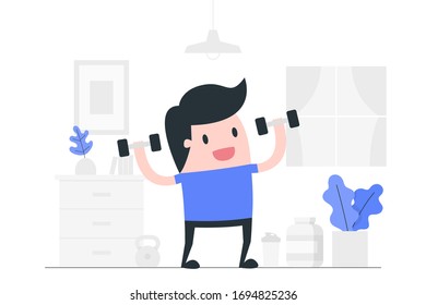 Young man working out at home. Health & Fitness concept illustration.