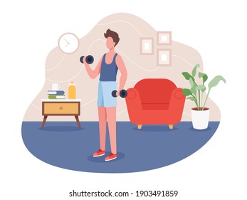 Young man working out at home. Boy doing sport indoor, Active healthy lifestyle vector. Sport exercise at home, Yoga and fitness, Home workout concept. Vector illustration in a flat style