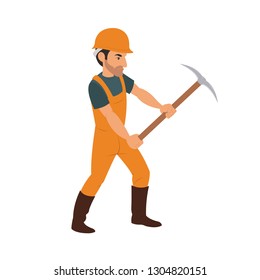 Young man working with pickaxe. vector illustration isolated on white background